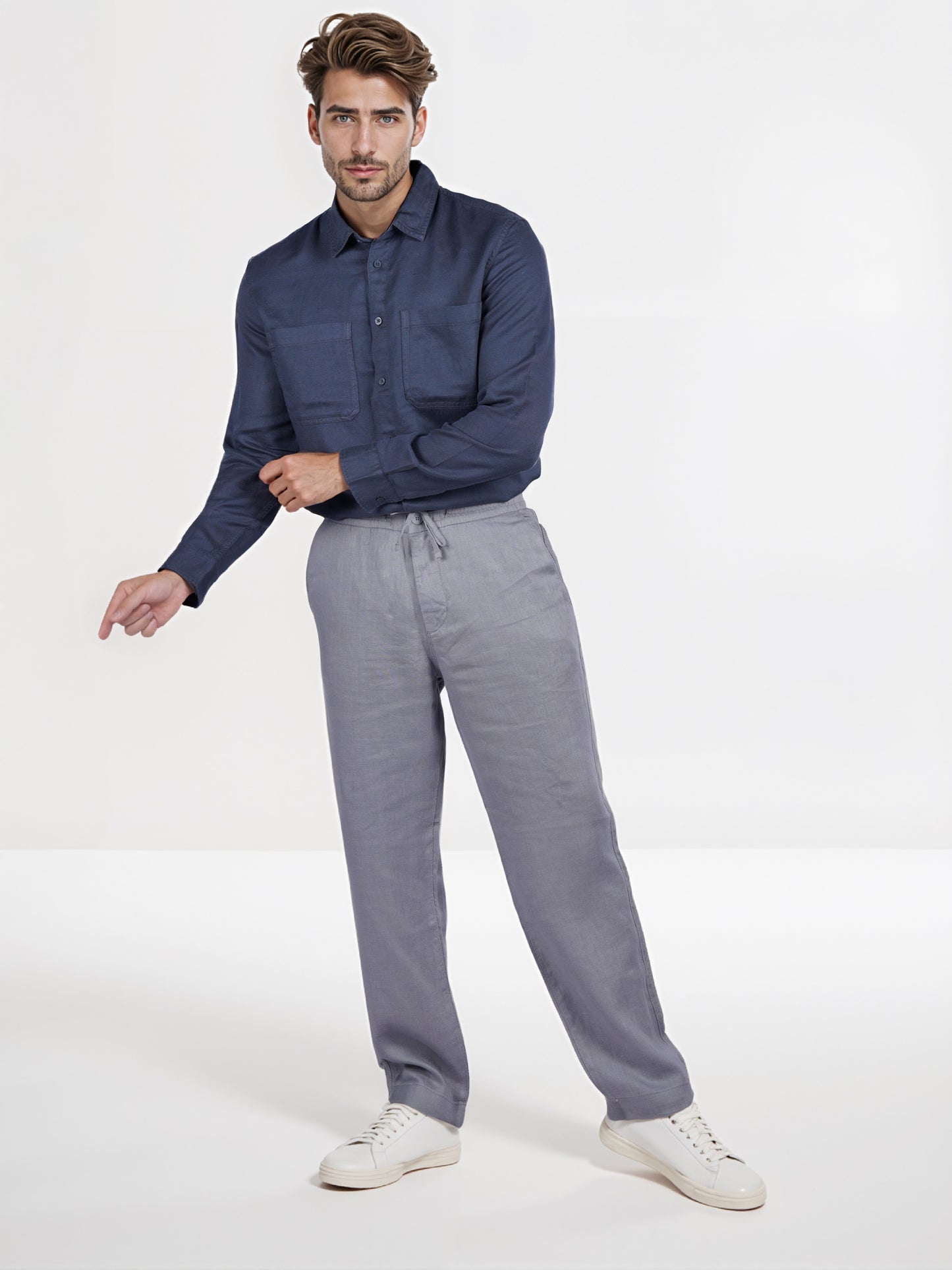 Celio* Linen Straight Fit Grey Casual Trouser