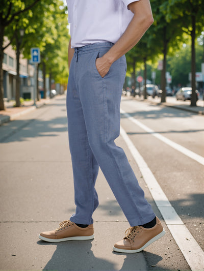 Celio* Linen Straight Fit Blue Casual Trouser