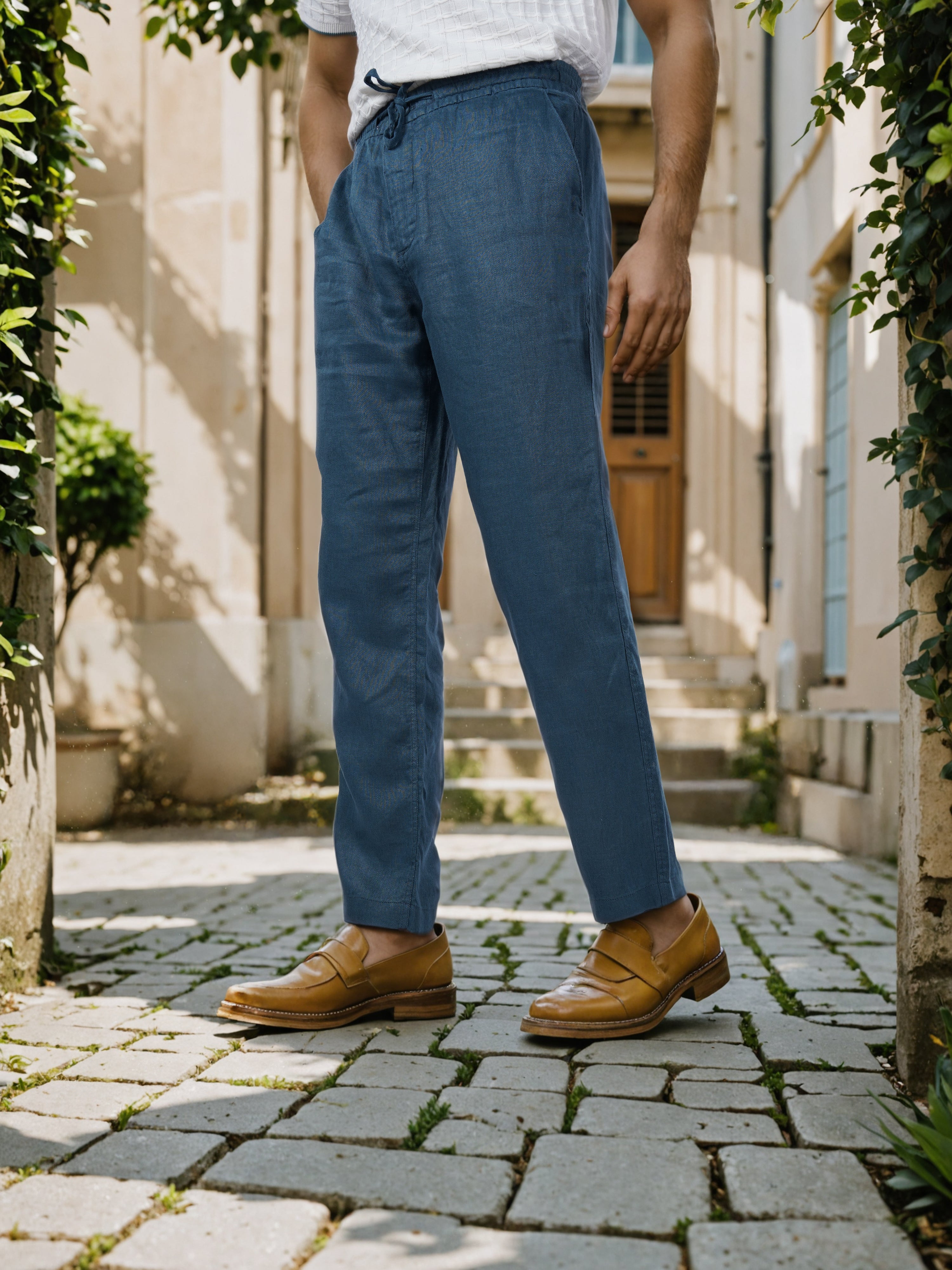 Celio* Men Blue Solid Straight Fit Linen Trousers