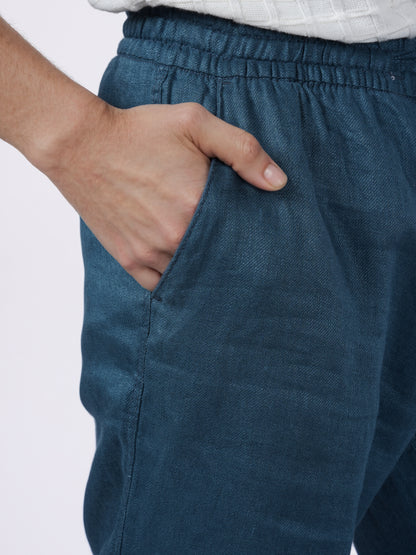 Celio* Men Blue Solid Straight Fit Linen Trousers