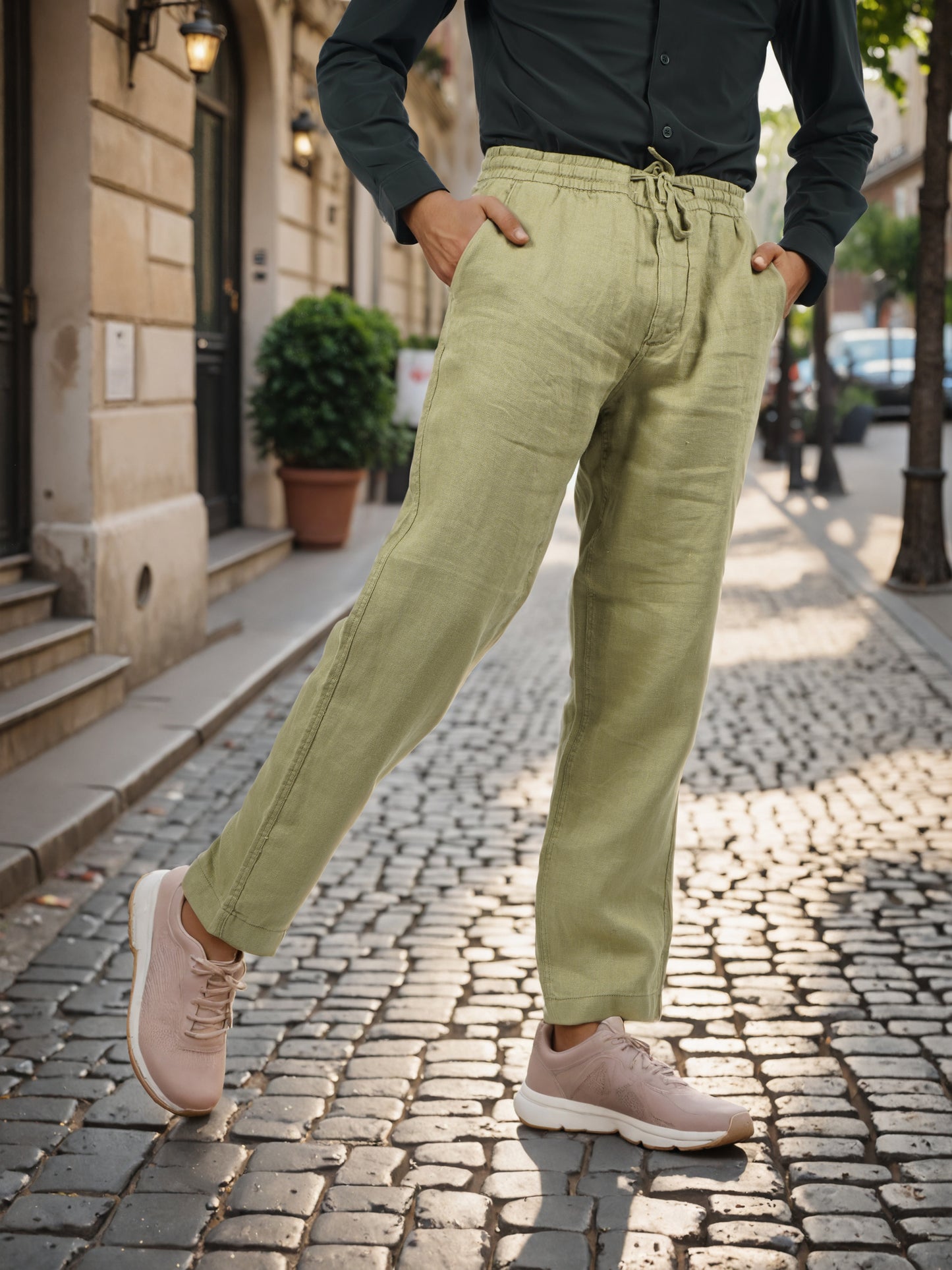 Celio* Men Khaki Solid Straight Fit Linen Trousers