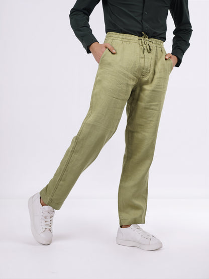 Celio* Men Khaki Solid Straight Fit Linen Trousers