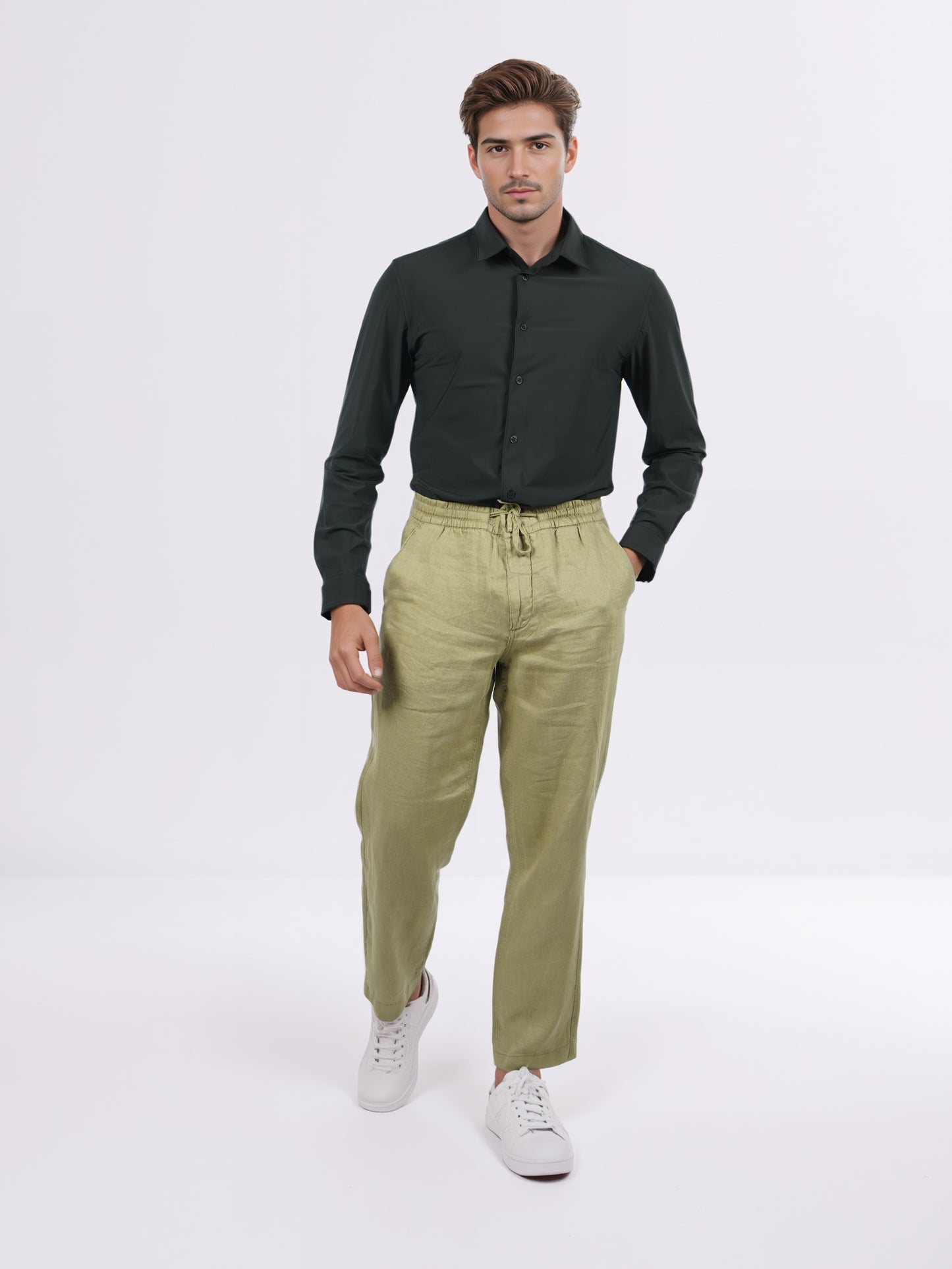 Celio* Men Khaki Solid Straight Fit Linen Trousers