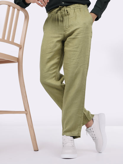 Celio* Men Khaki Solid Straight Fit Linen Trousers