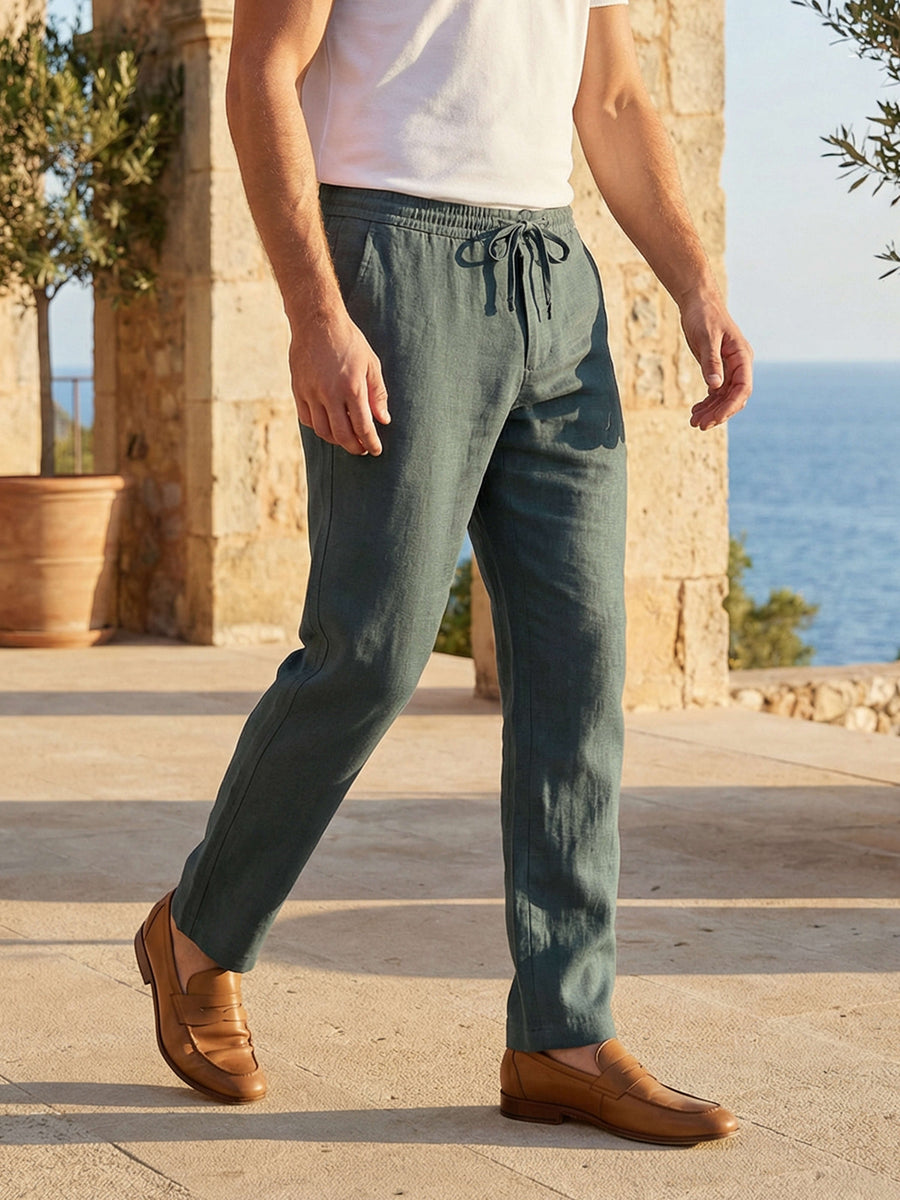 Celio Men Green Solid Straight Fit 100% Linen Trouser