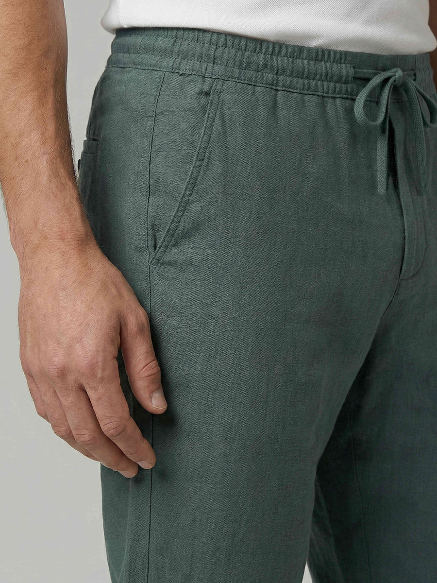 Celio Men Green Solid Straight Fit 100% Linen Trouser