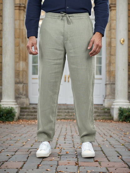 Green Linen Straight Fit Trousers