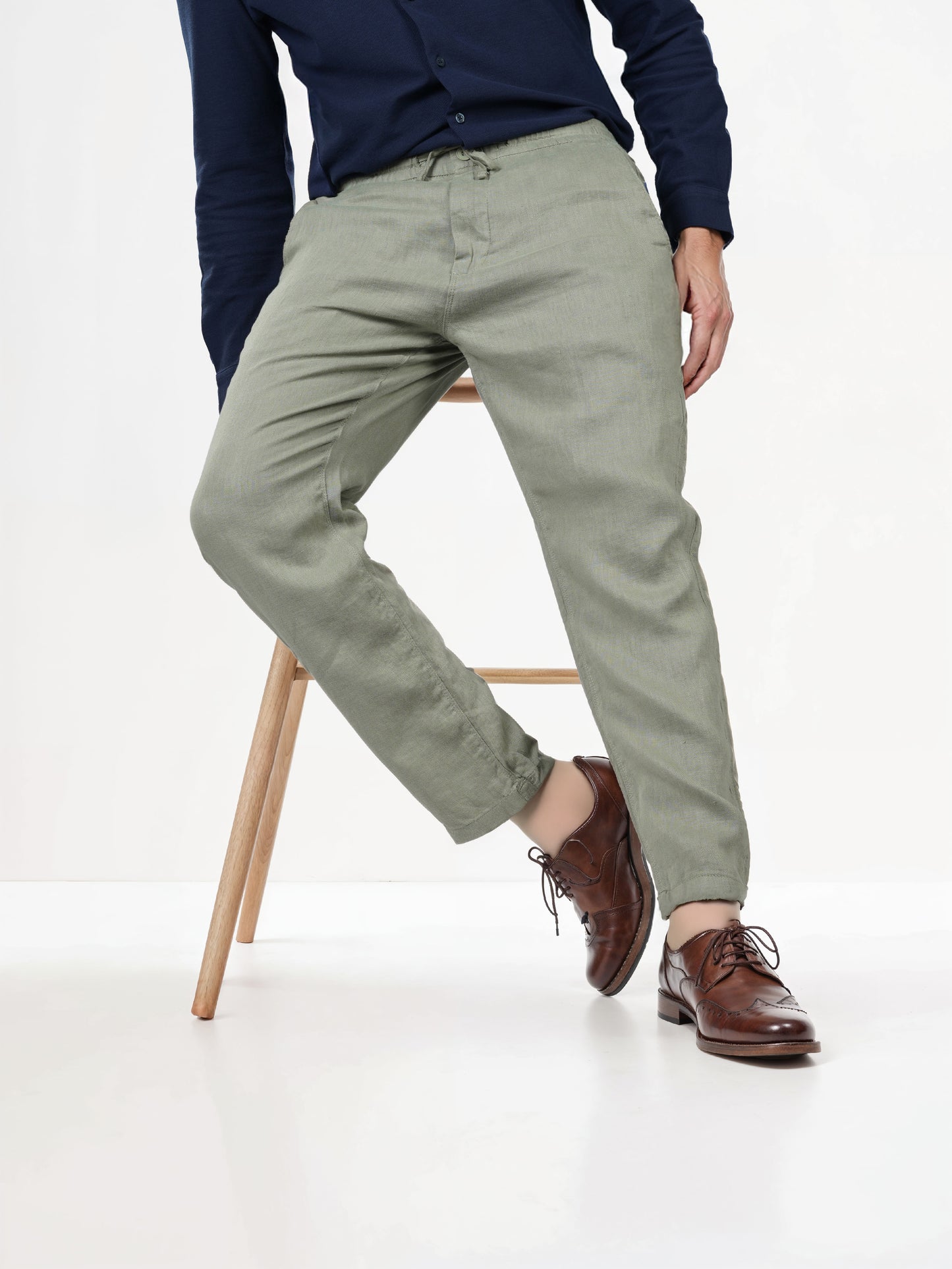 Green Linen Straight Fit Trousers