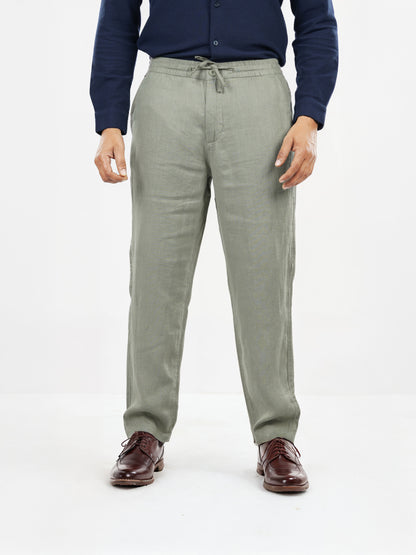 Green Linen Straight Fit Trousers