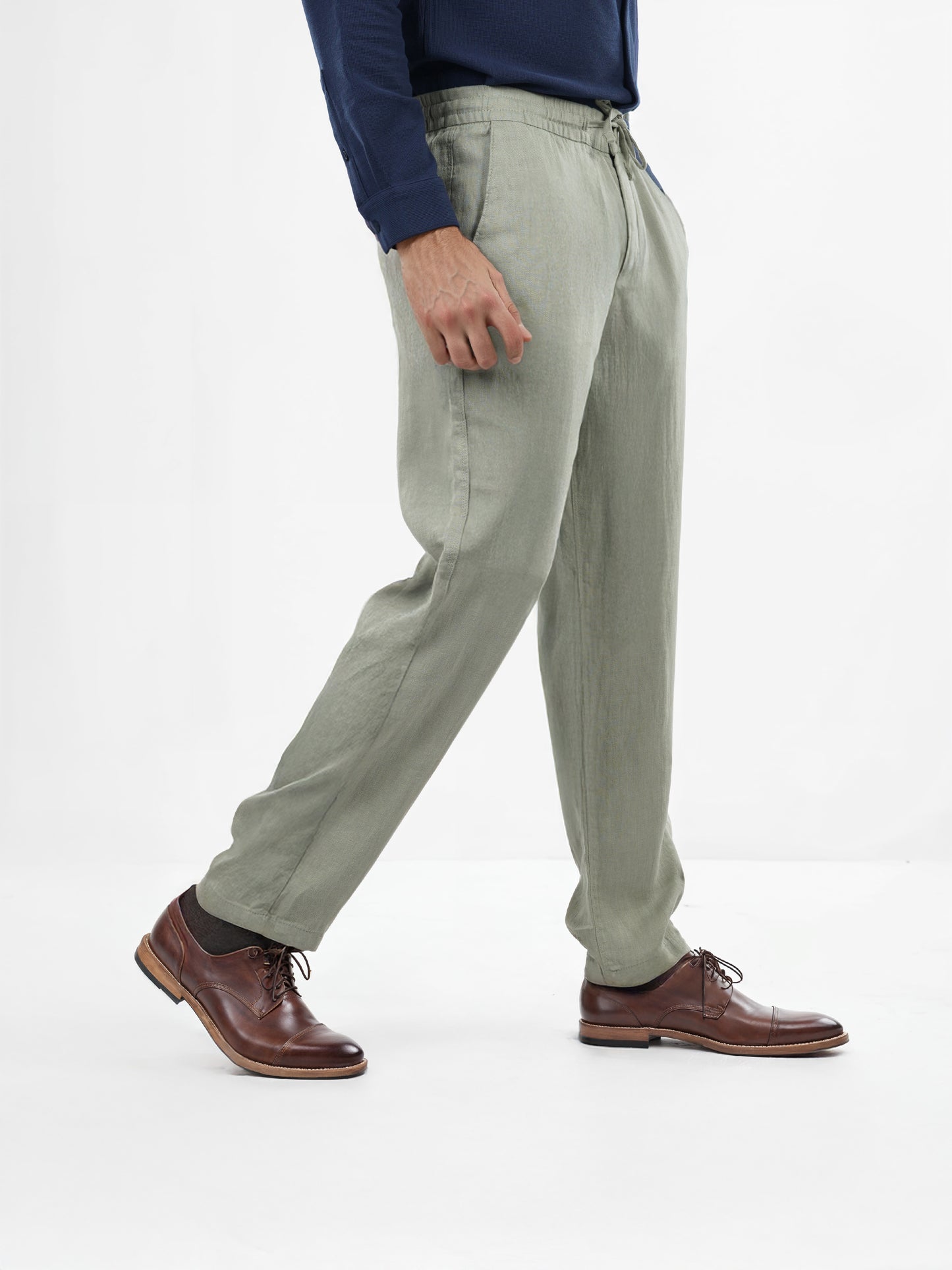 Green Linen Straight Fit Trousers