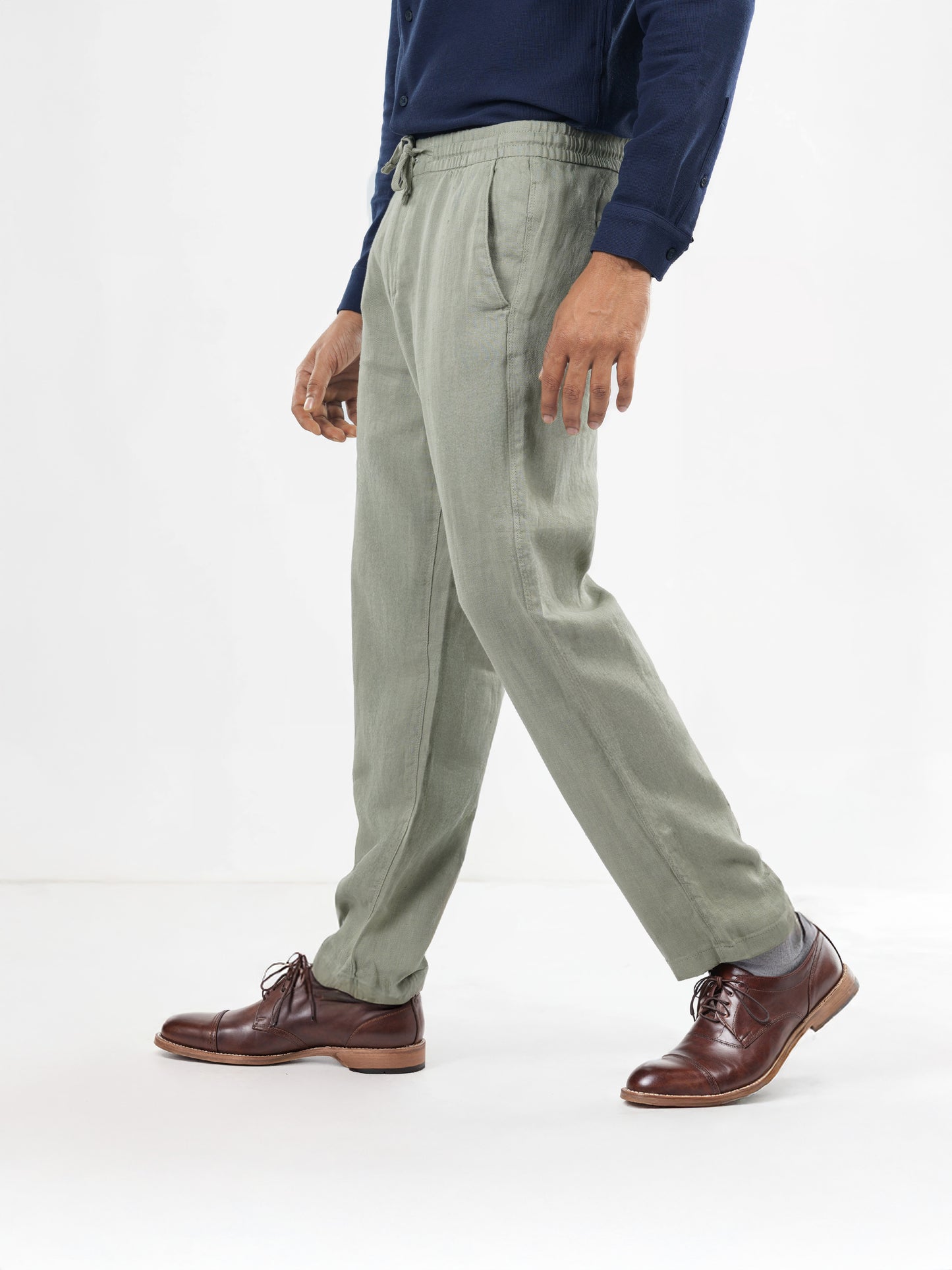 Green Linen Straight Fit Trousers