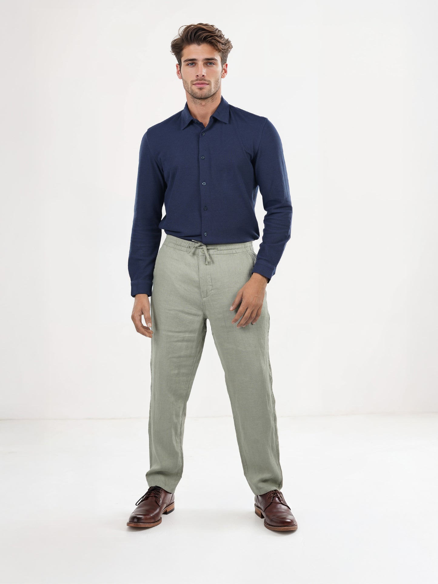 Green Linen Straight Fit Trousers