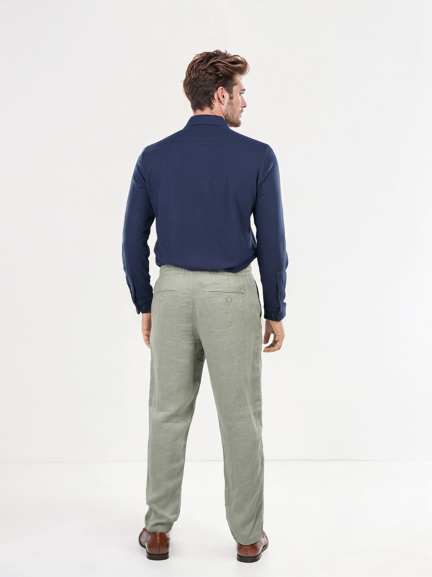 Green Linen Straight Fit Trousers