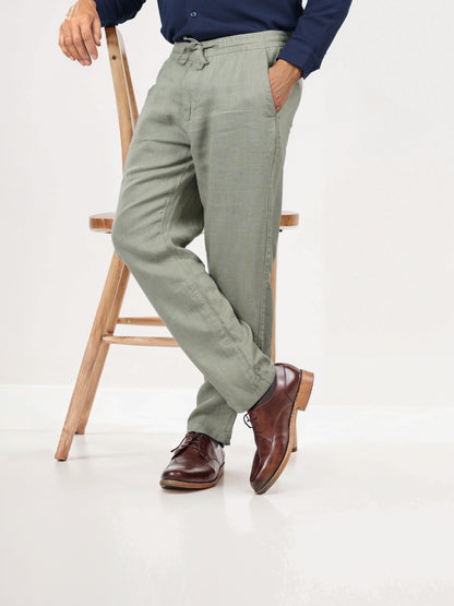 Green Linen Straight Fit Trousers