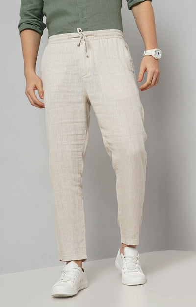 Celio Men Off White Solid Relaxed Fit Linen Trousers