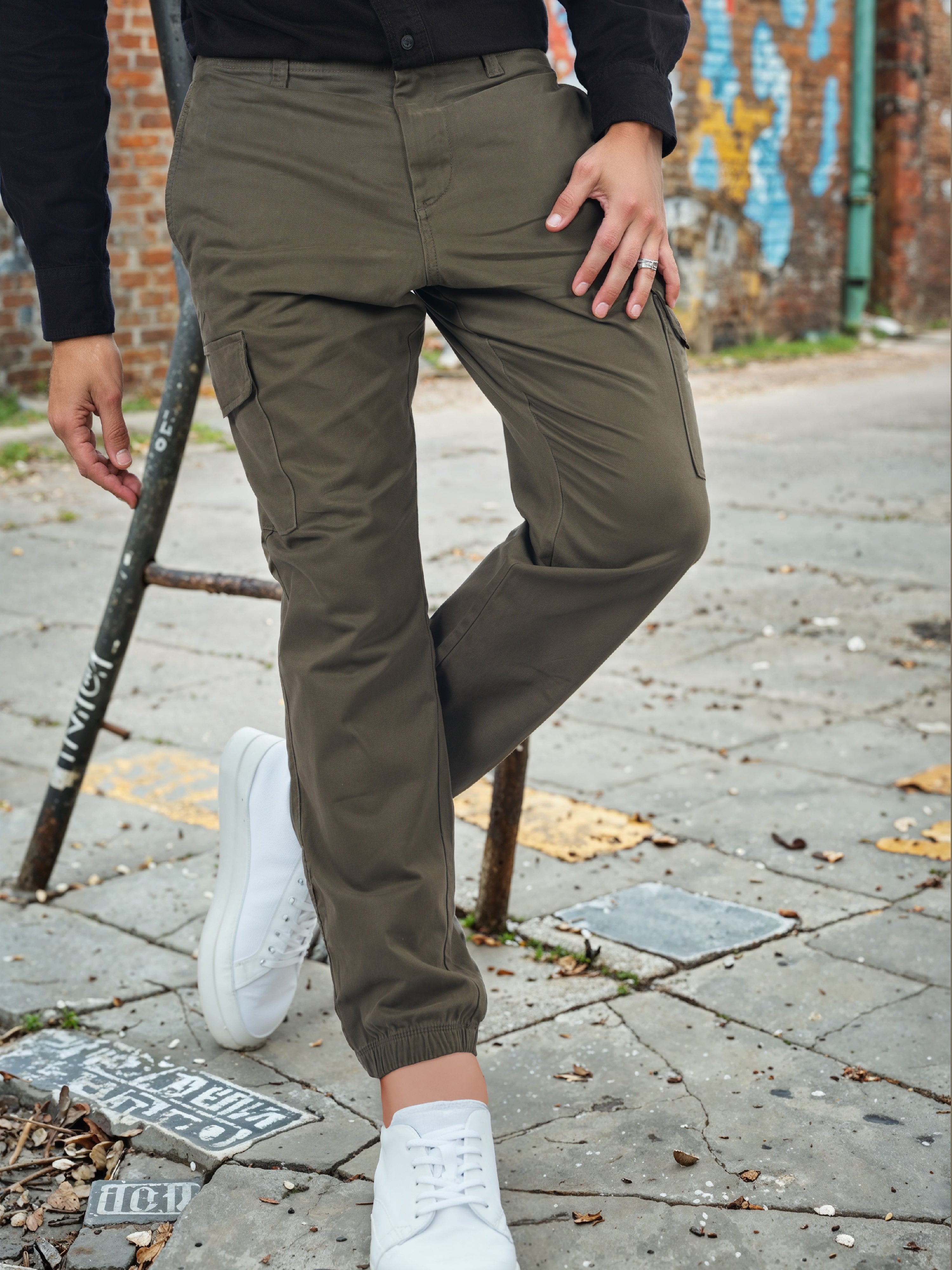 Khaki Cotton Blend Slim Fit Cargos