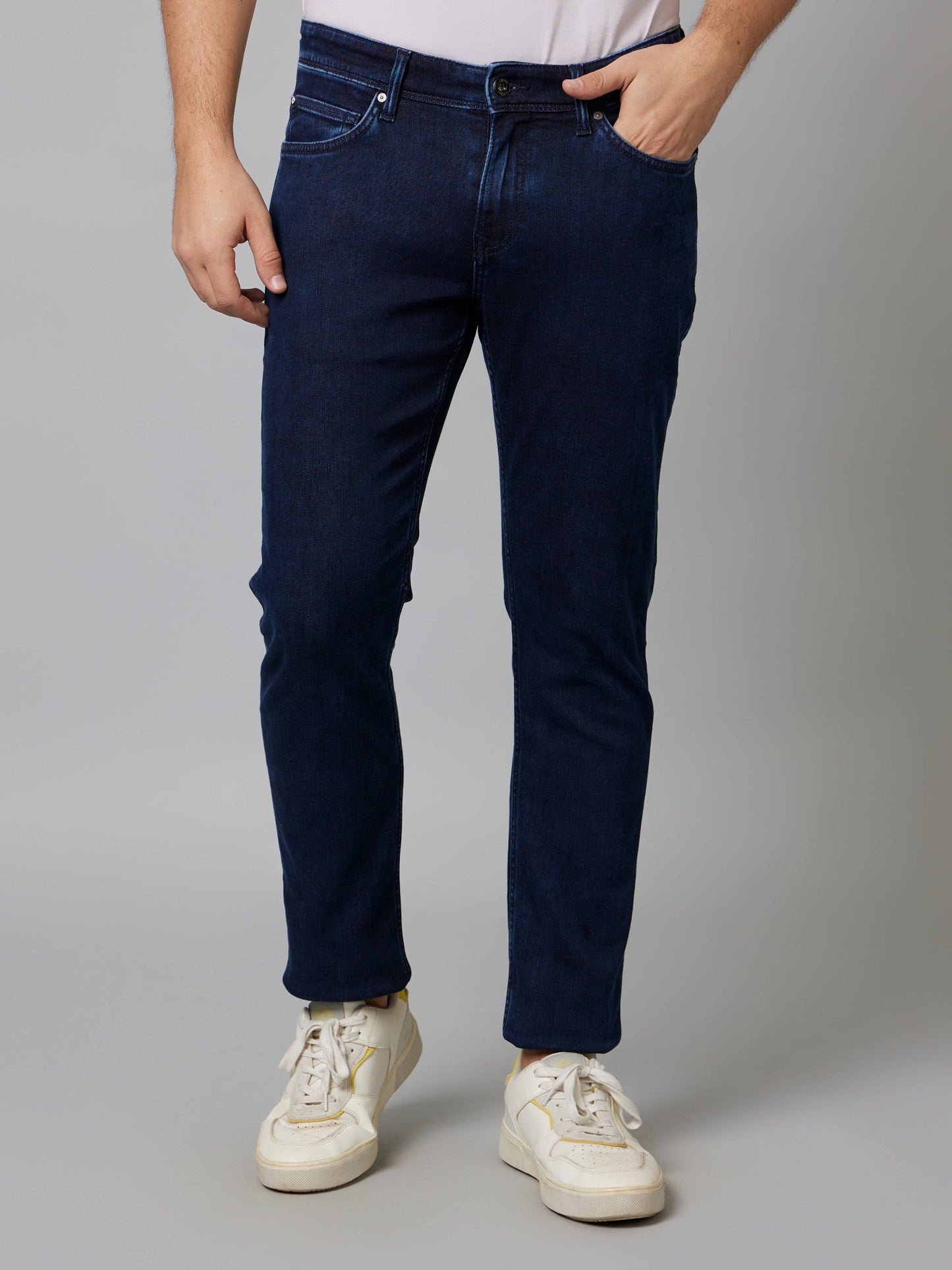 Celio Men Navy Blue Solid Slim Fit Cotton-Linen-Blend Jeans