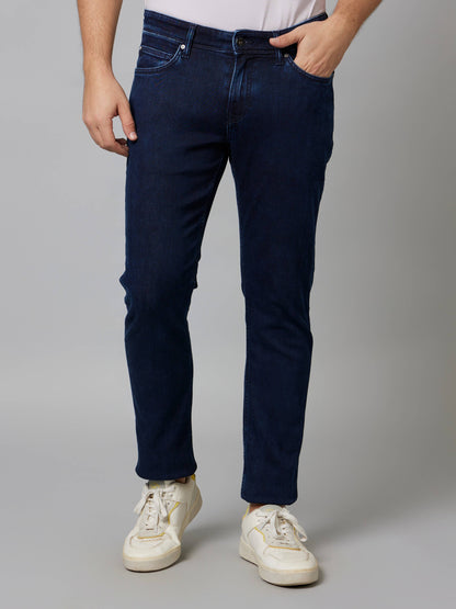 Celio Men Navy Blue Solid Slim Fit Cotton-Linen-Blend Jeans