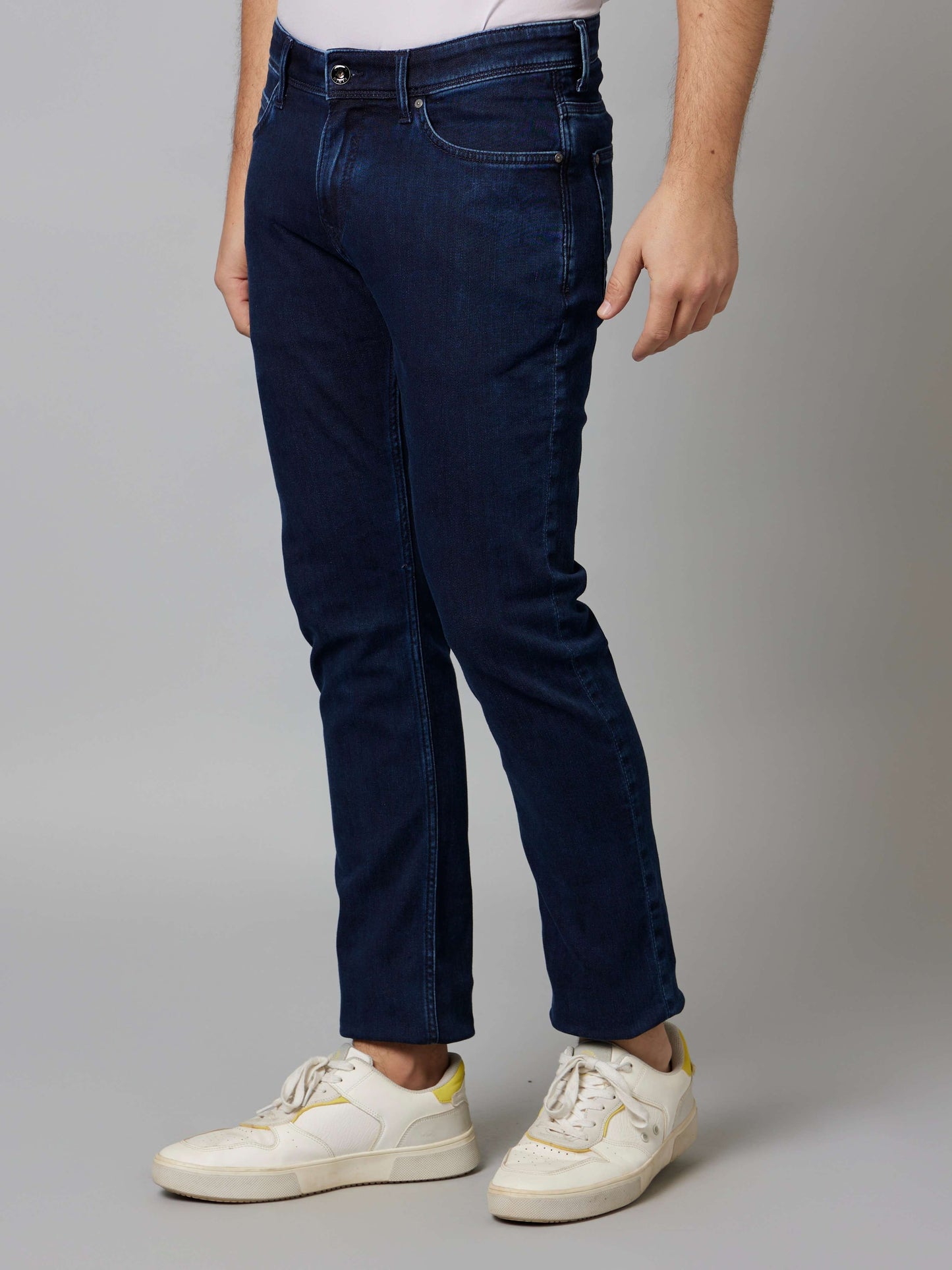 Celio Men Navy Blue Solid Slim Fit Cotton-Linen-Blend Jeans