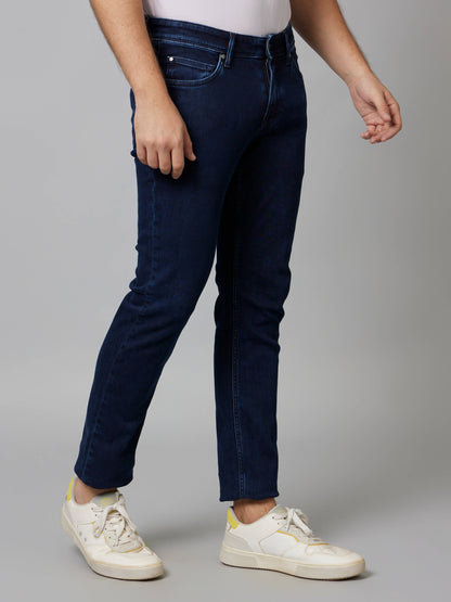 Celio Men Navy Blue Solid Slim Fit Cotton-Linen-Blend Jeans