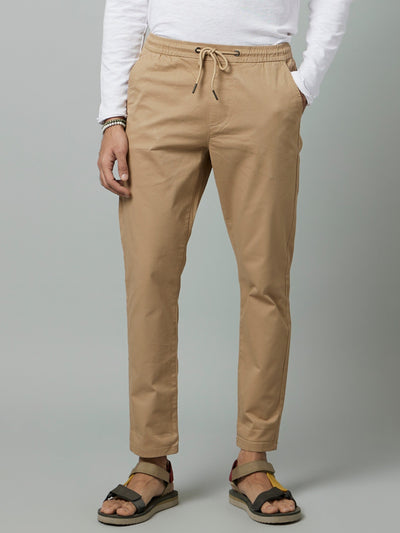 Celio Men Beige Solid Slim Fit Cotton-Linen-Blend Trousers