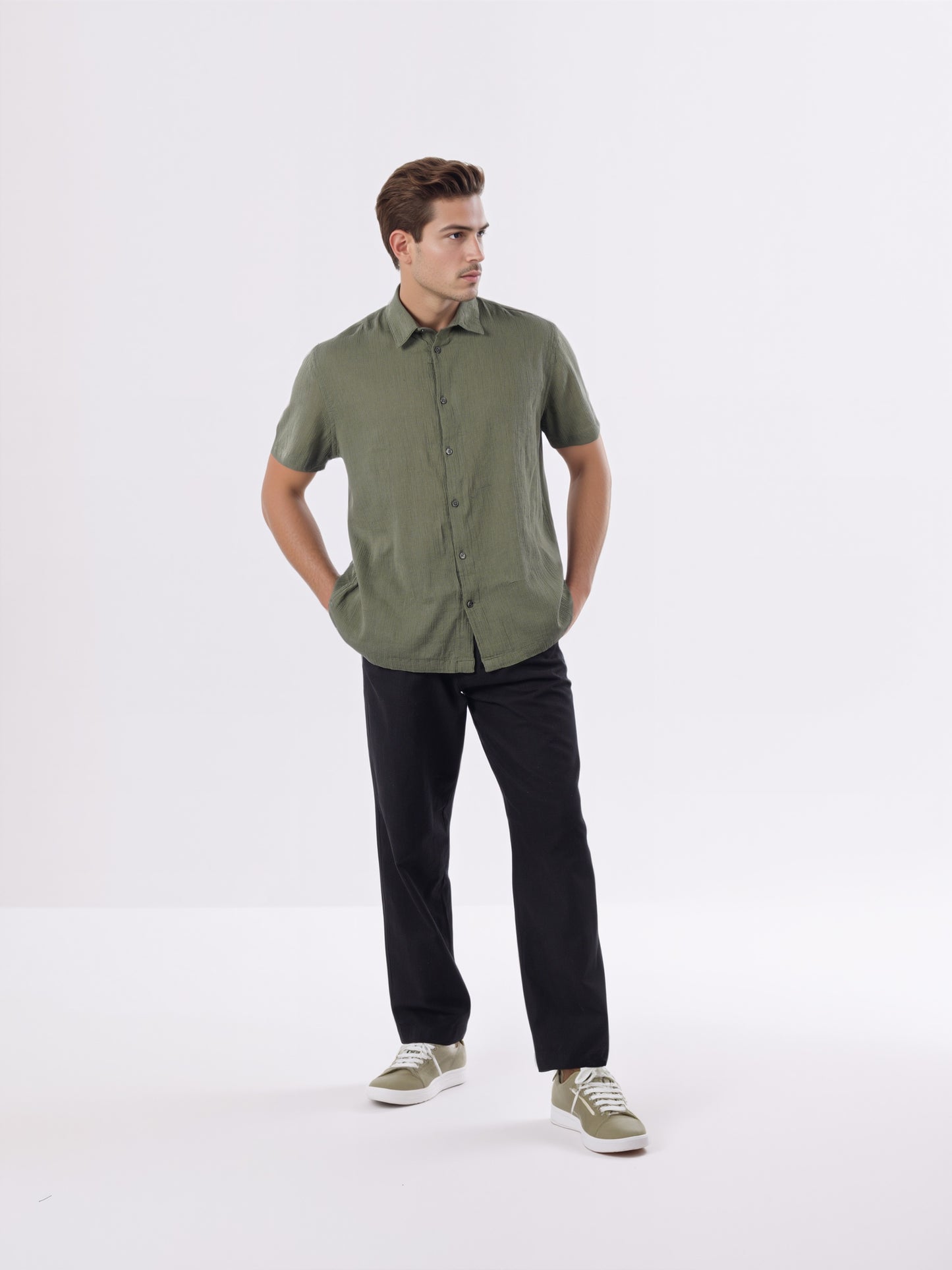 Celio* Men Olive Solid Regular Fit Cotton Shirts