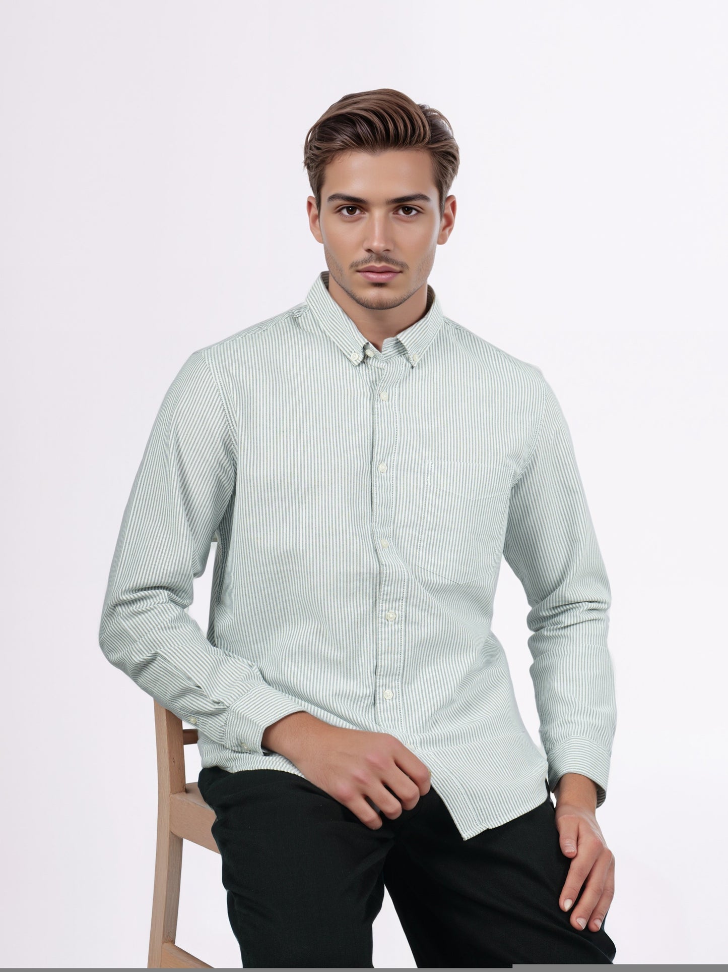 Celio* Men Green Striped Regular Fit Cotton Shirts