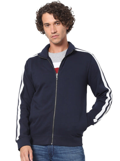Celio Men Navy Blue Striped Regular Fit Cotton Sweatshirts