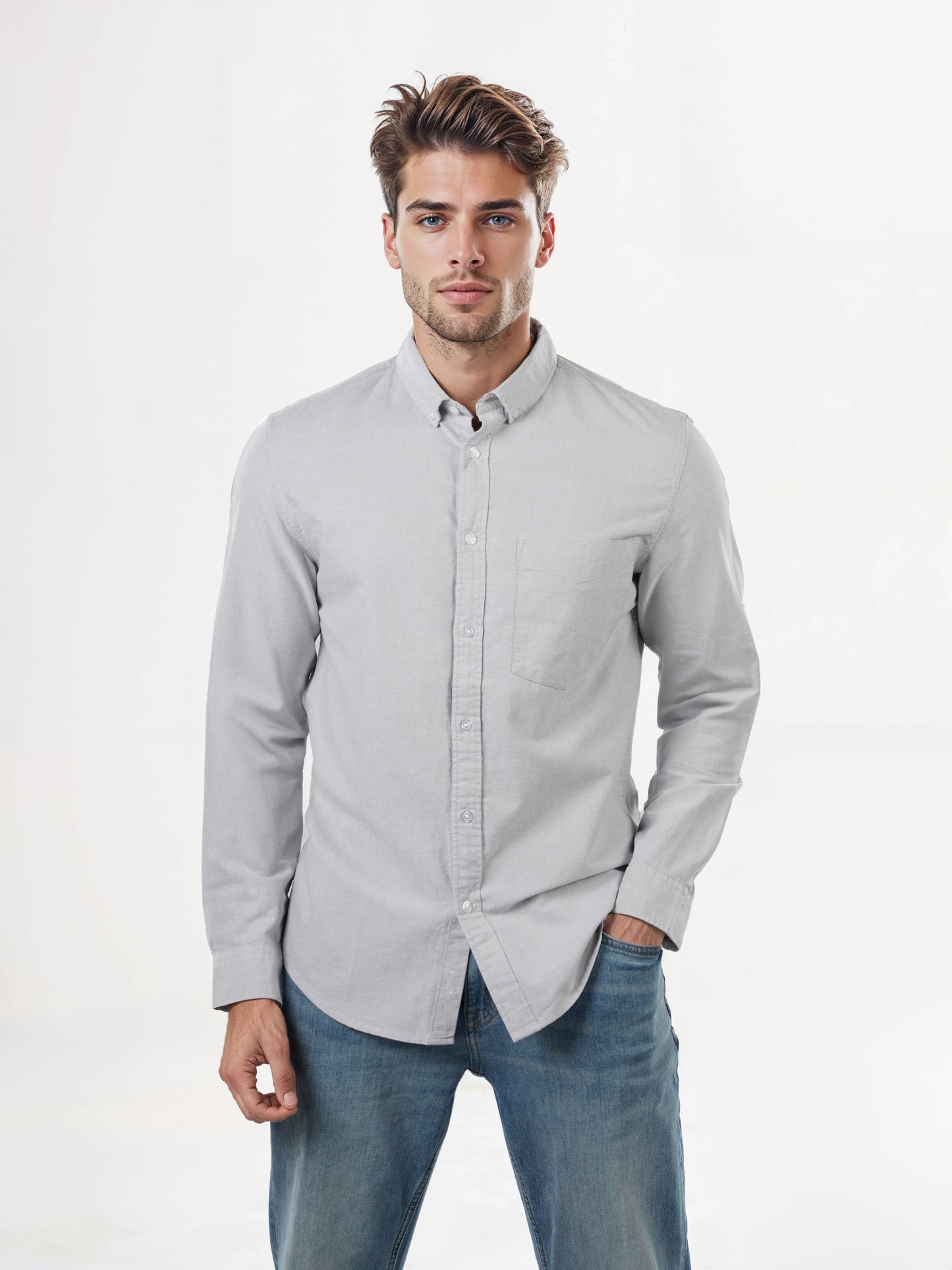 Celio* Solid Regular Fit Cotton Grey Shirts