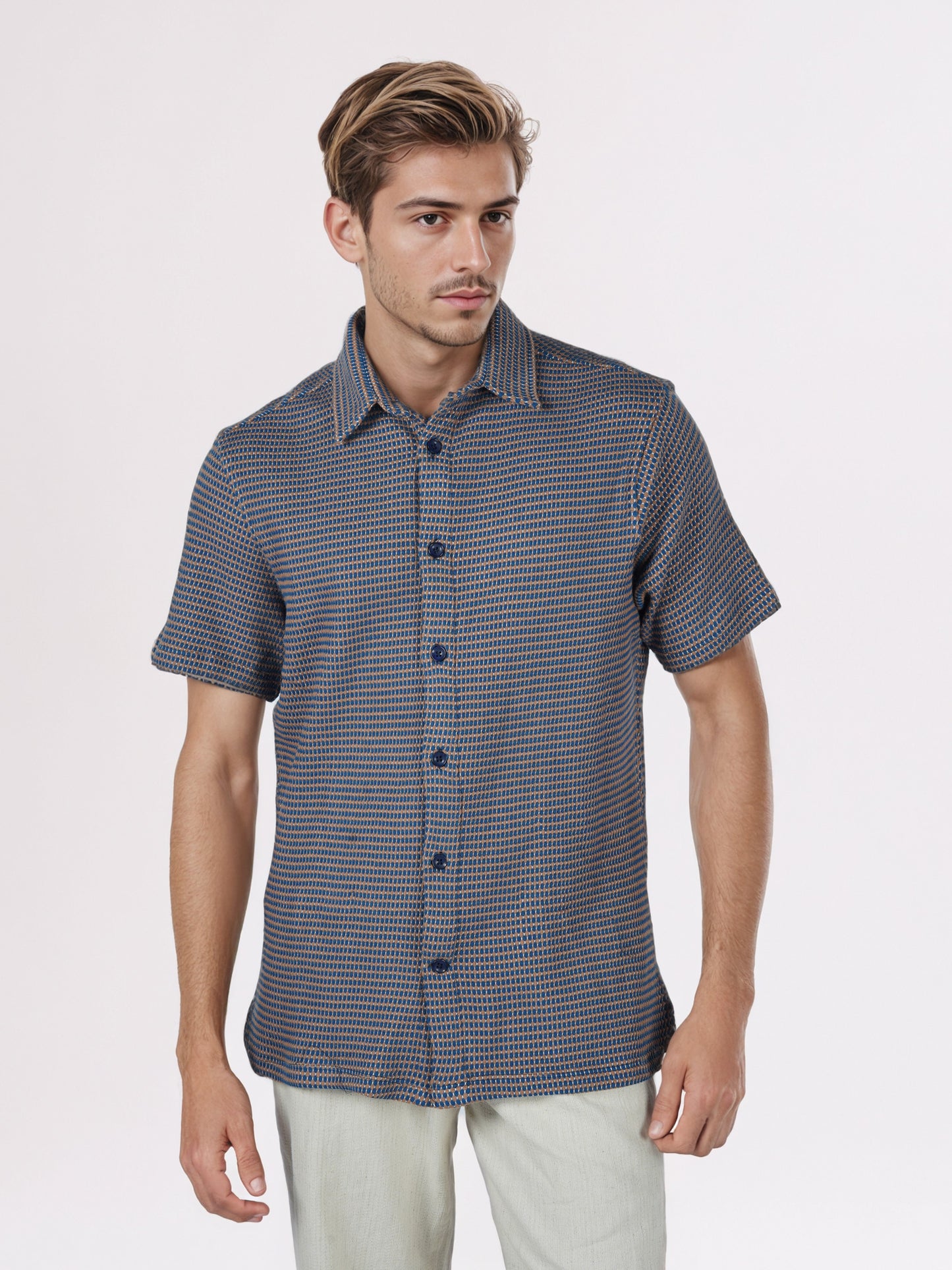 Celio* Men Blue Striped Regular Fit Cotton Shirts