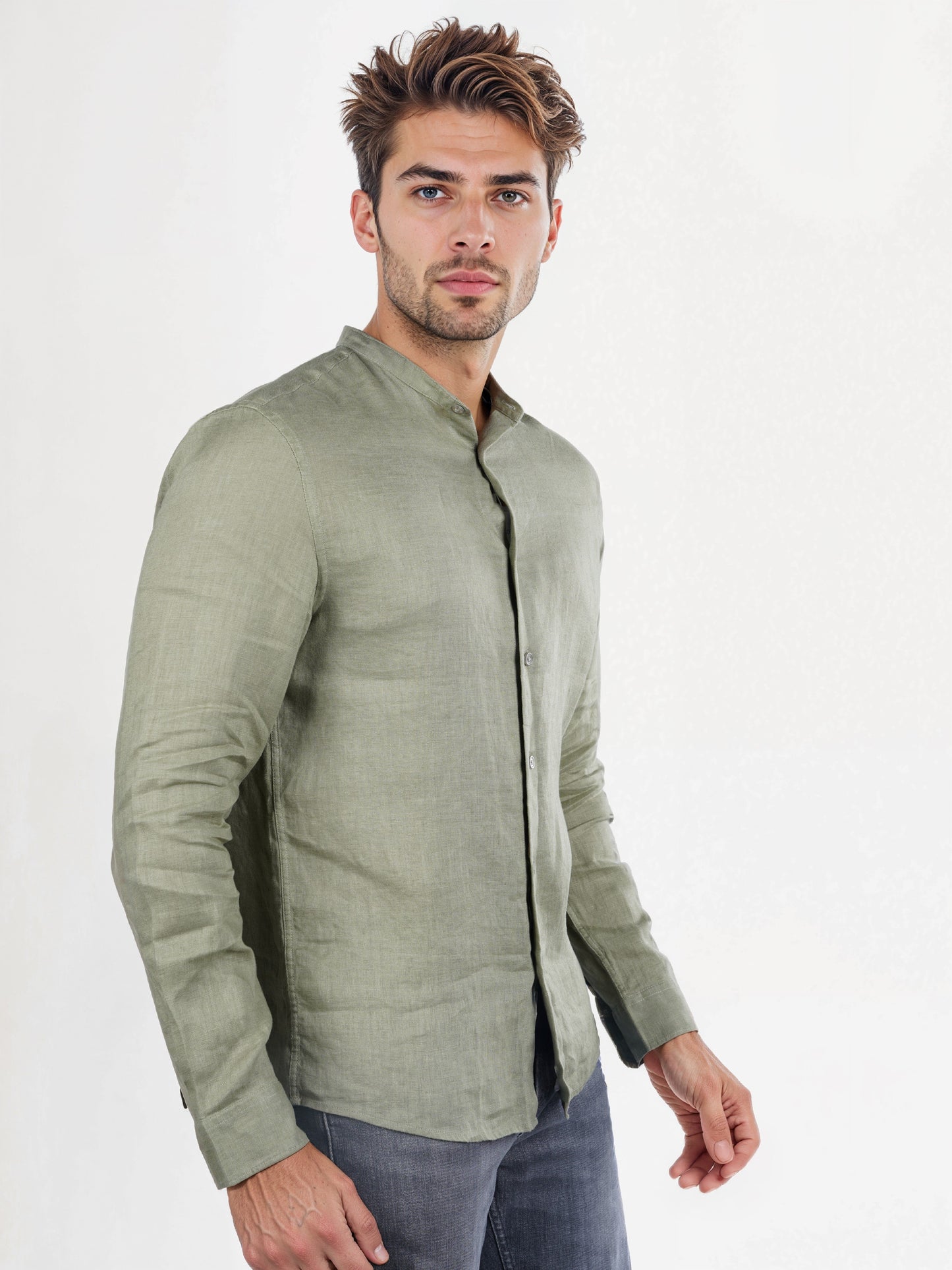 Celio* Solid Regular Fit Linen Olive Shirt