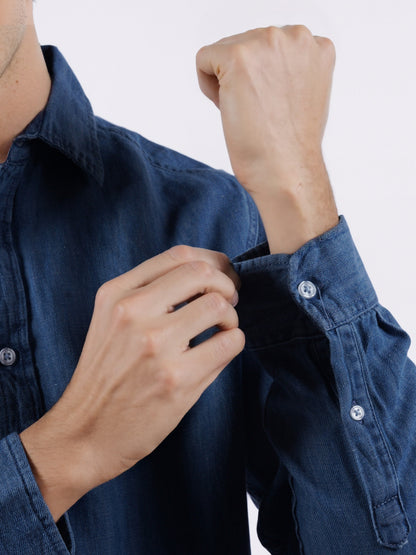 Celio* Men Blue Solid Regular Fit Cotton-Linen-Blend Shirts