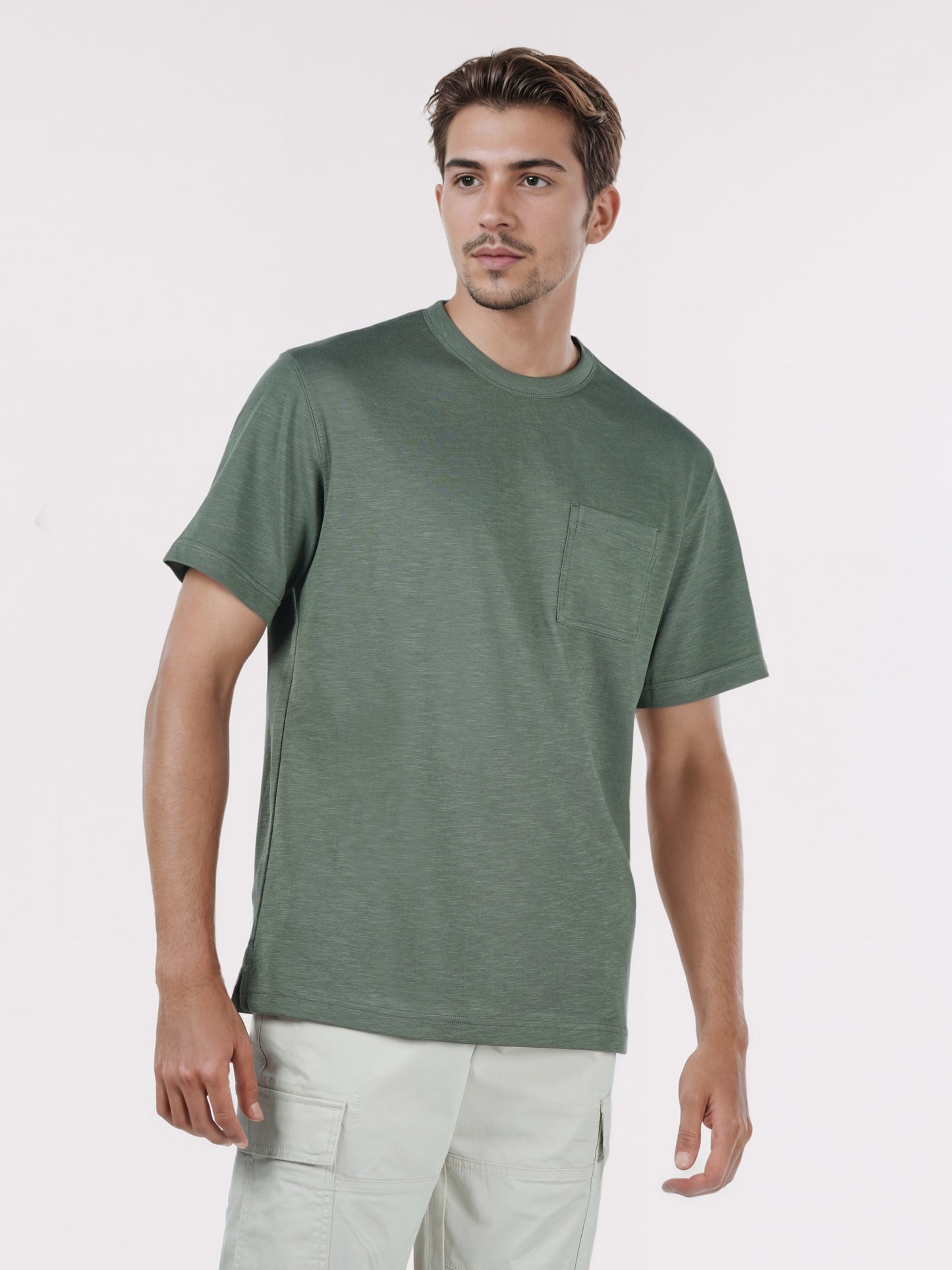 Celio* Men Olive Solid Boxy Fit Cotton-Blend T-Shirts