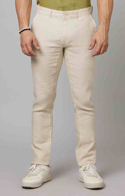 Beige Slim Fit Linen Pants