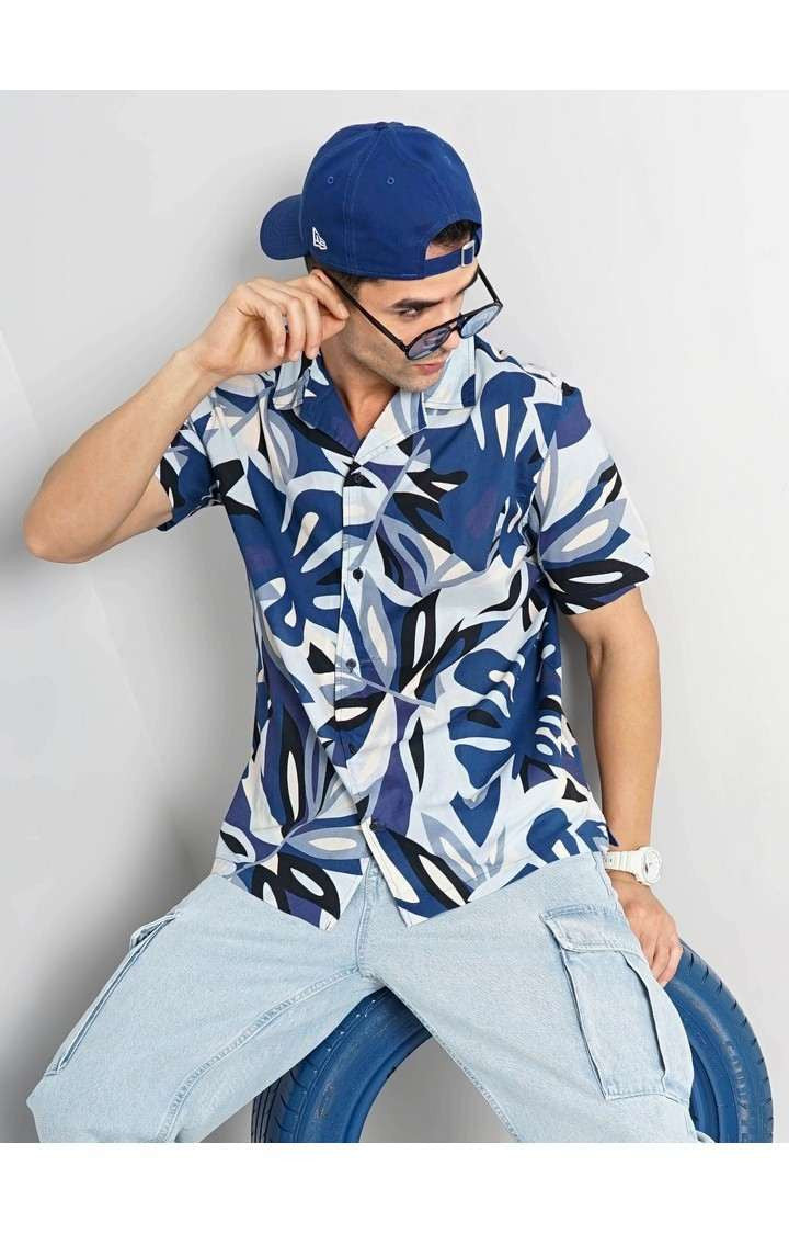 Celio Men Blue Printed Regular Fit Cotton Shirts