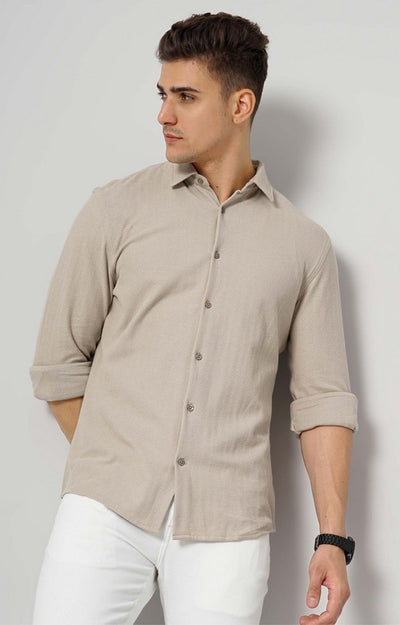 Celio Men Beige Solid Regular Fit Cotton Shirts
