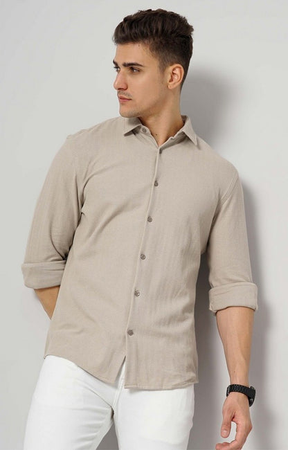 Celio Men Beige Solid Regular Fit Cotton Shirts