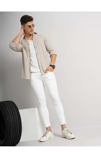 Celio Men Beige Solid Regular Fit Cotton Shirts