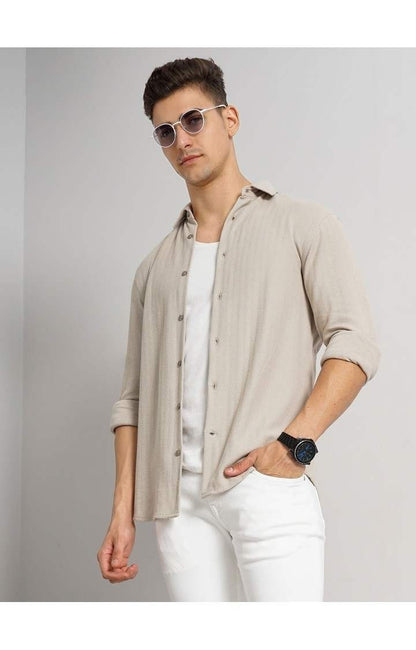 Celio Men Beige Solid Regular Fit Cotton Shirts