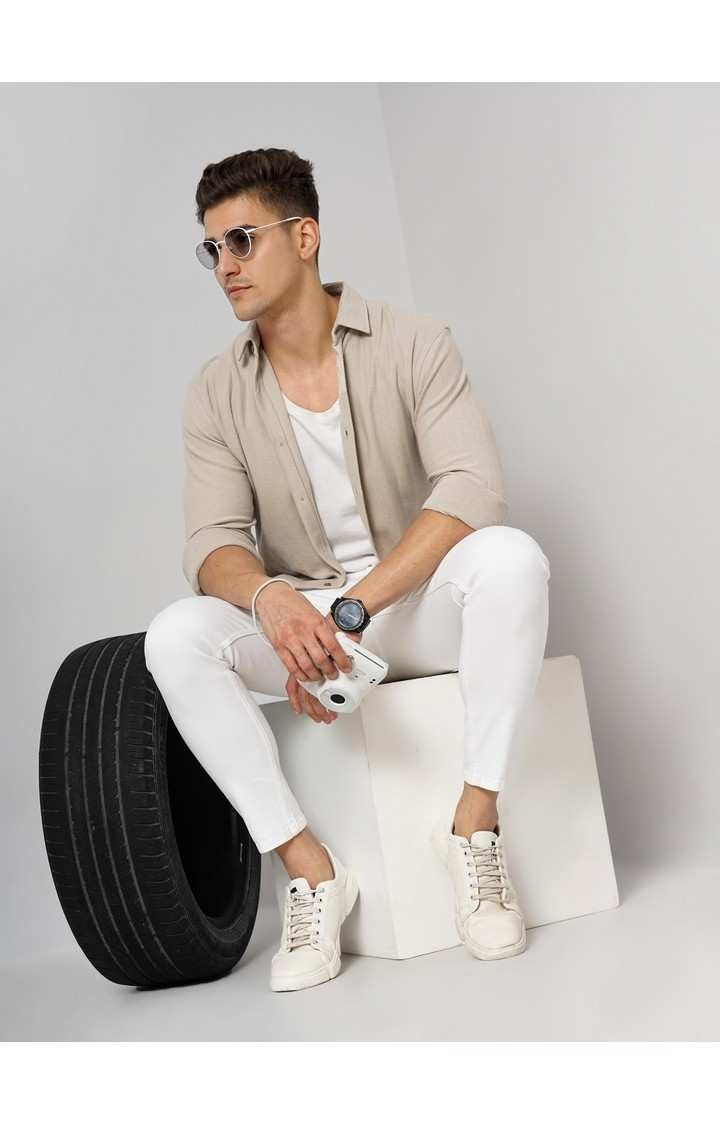Celio Men Beige Solid Regular Fit Cotton Shirts
