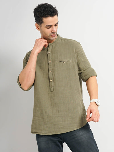 Celio* Solid Regular Fit Cotton Olive Shirt