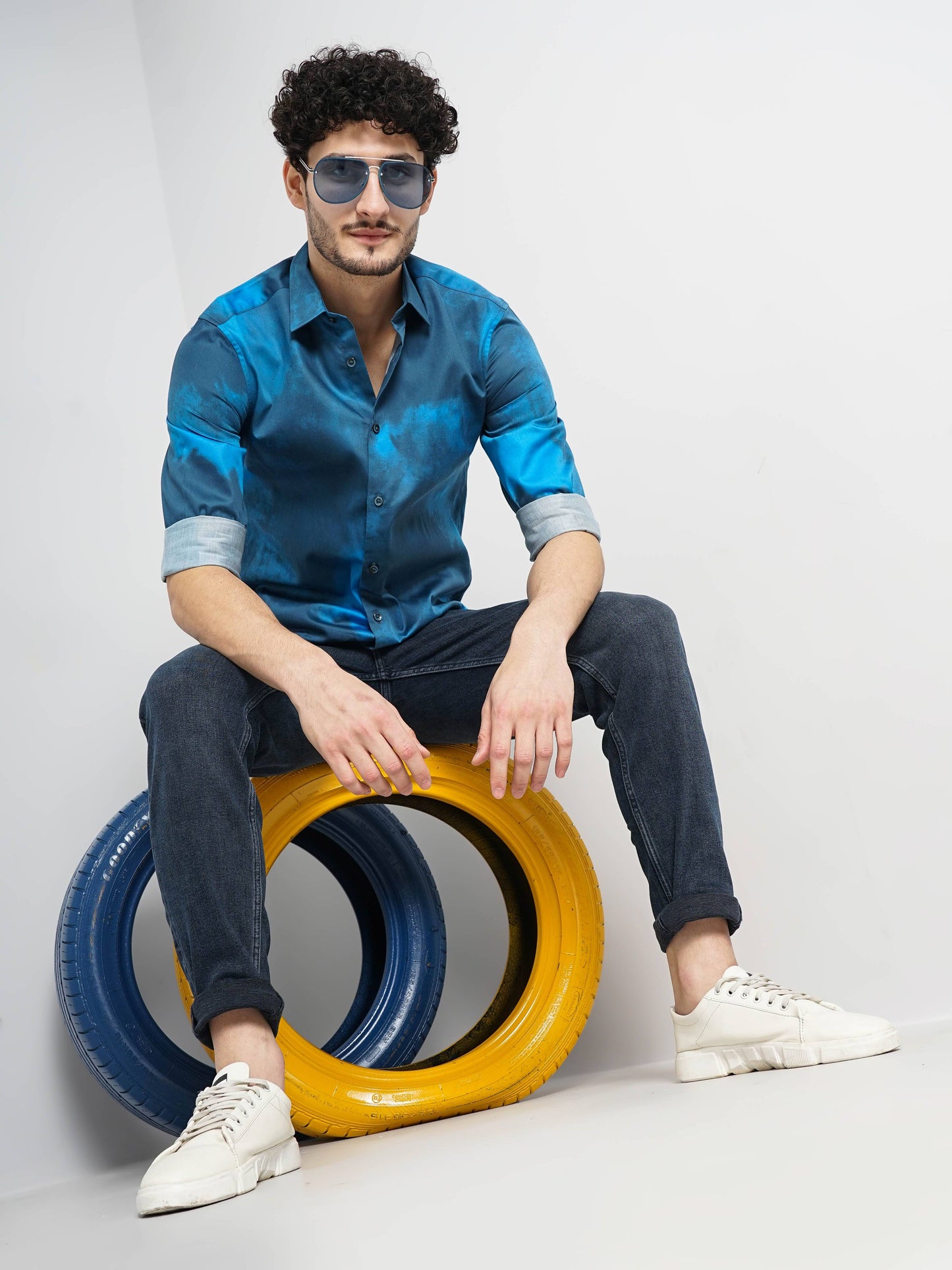 Celio Men Blue Dyed Regular Fit Cotton Shirts