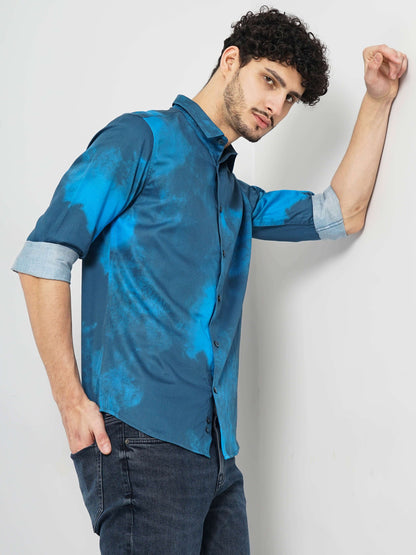 Celio Men Blue Dyed Regular Fit Cotton Shirts