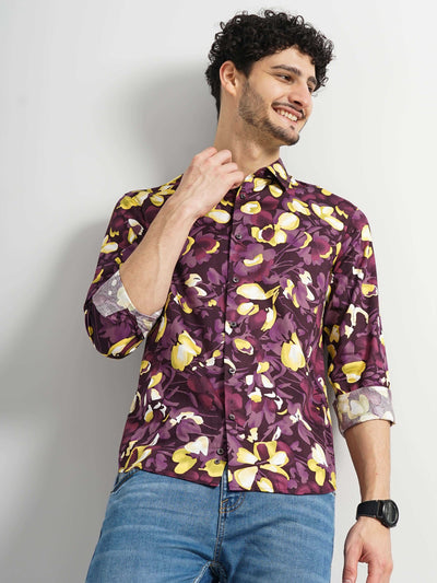 Celio Men Purple Printed Regular Fit Cotton Shirts