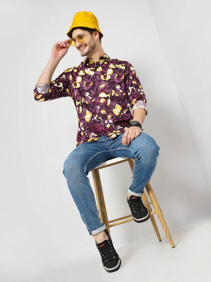 Celio Men Purple Printed Regular Fit Cotton Shirts