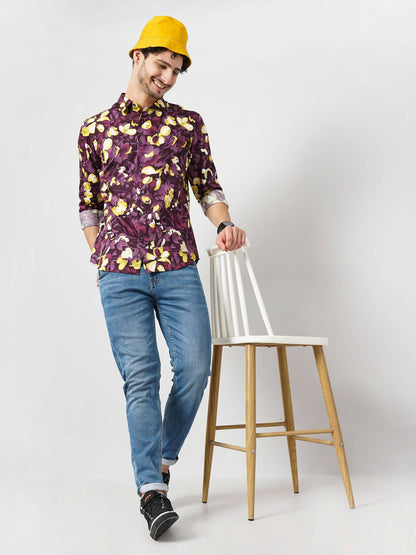 Celio Men Purple Printed Regular Fit Cotton Shirts