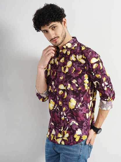Celio Men Purple Printed Regular Fit Cotton Shirts