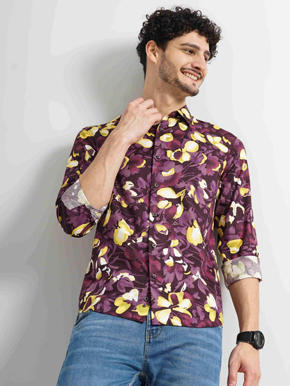 Celio Men Purple Printed Regular Fit Cotton Shirts