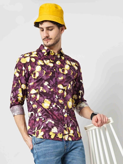 Celio Men Purple Printed Regular Fit Cotton Shirts