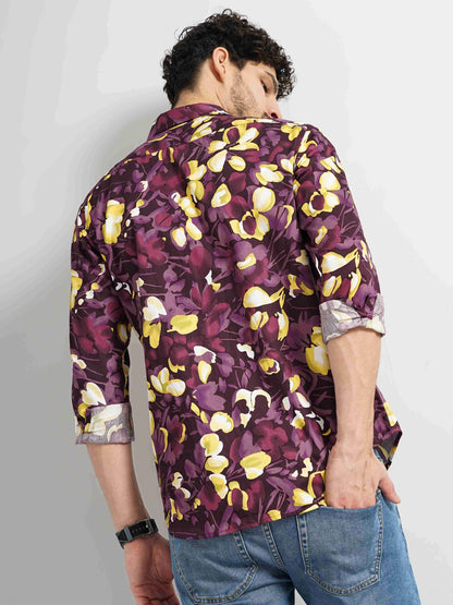 Celio Men Purple Printed Regular Fit Cotton Shirts